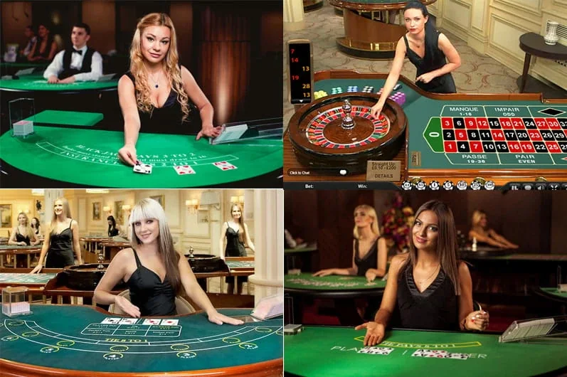 Ruang kasino live dengan meja permainan dan presentasi dealer