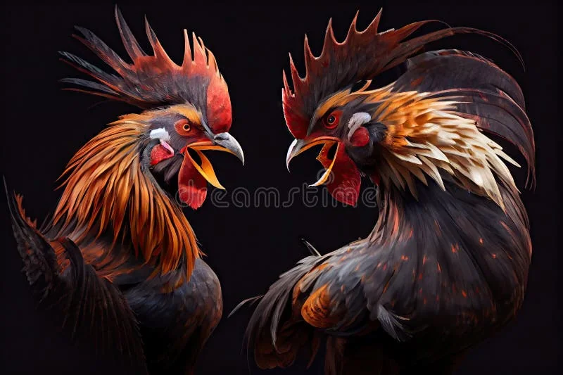 Ilustrasi pertandingan ayam dengan latar arena digital